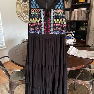 Lightweight Black Dress Midi with Embroidered Top